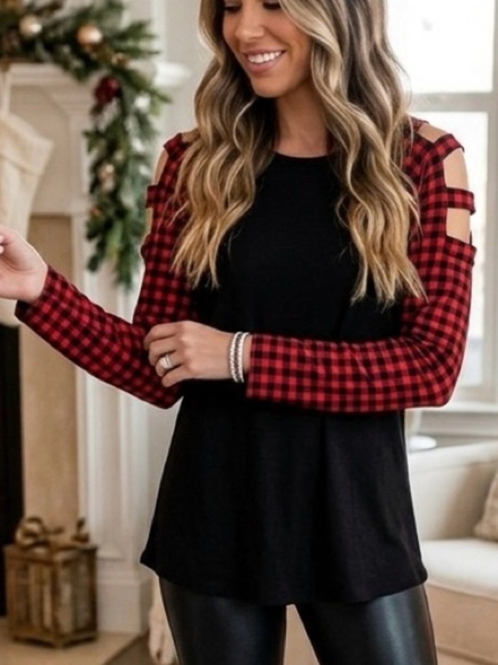 Women’s “CHECKED ALL THE BOXES TOP” Black & Red Checkered Long Sleeve Tee Size L